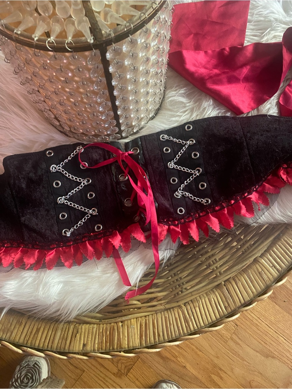 Black Velvet - Costume /lace-Up Corset Waist Belt with Red satin ties